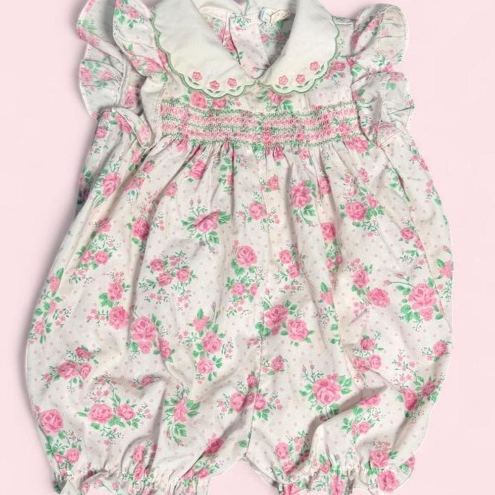 Vintage Floral Smocked Romper Girl 6-9 Months Pink White Peter Pan Collar Ruffle